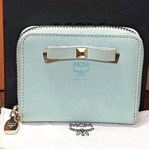 EUC MCM MINA Teal Zip Around Bow tie Compact Card Coin Wallet with Box Dust Bags